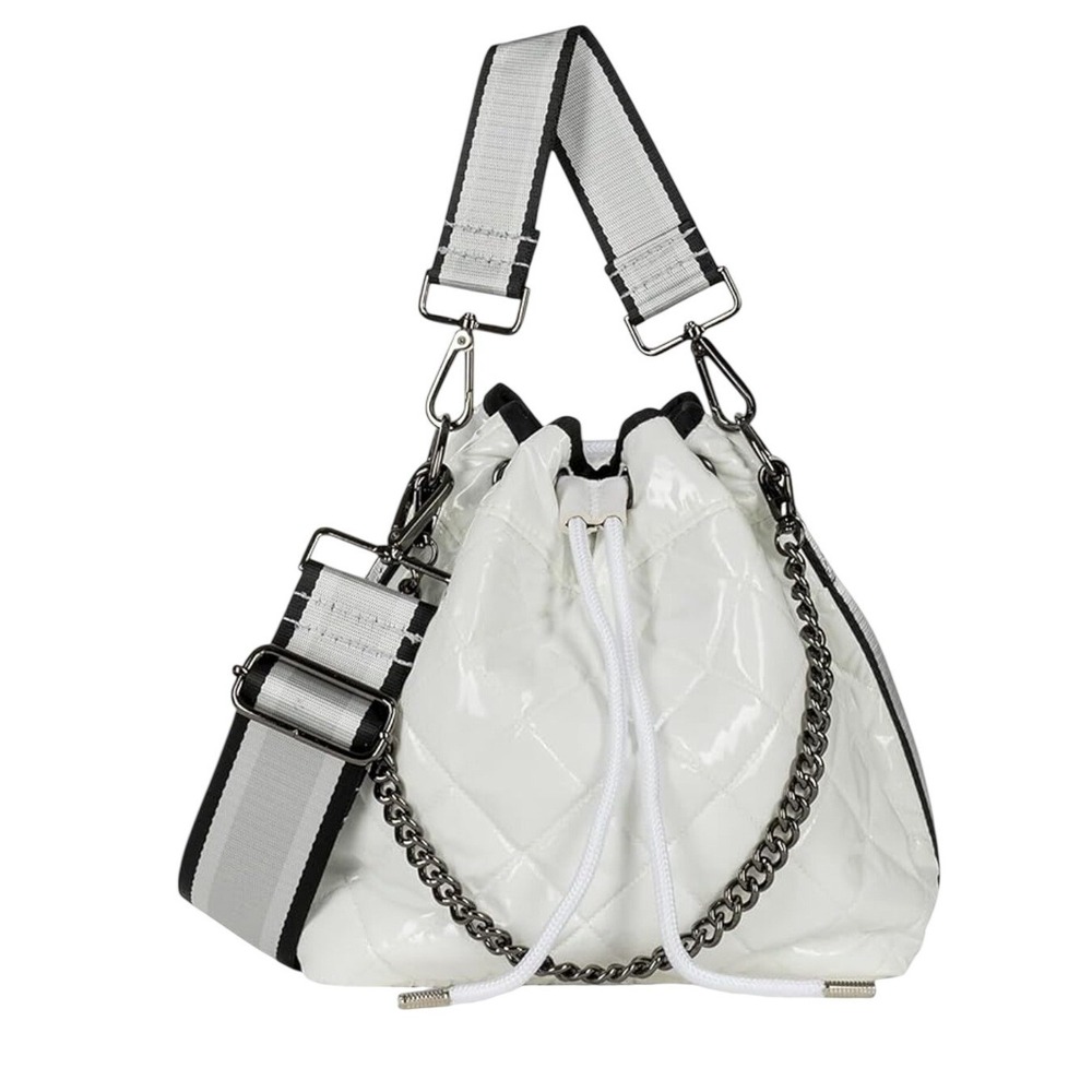 Haute Shore Lindsey Puffer Bucket Bag Small White Quilted Patent Crossbody Purse